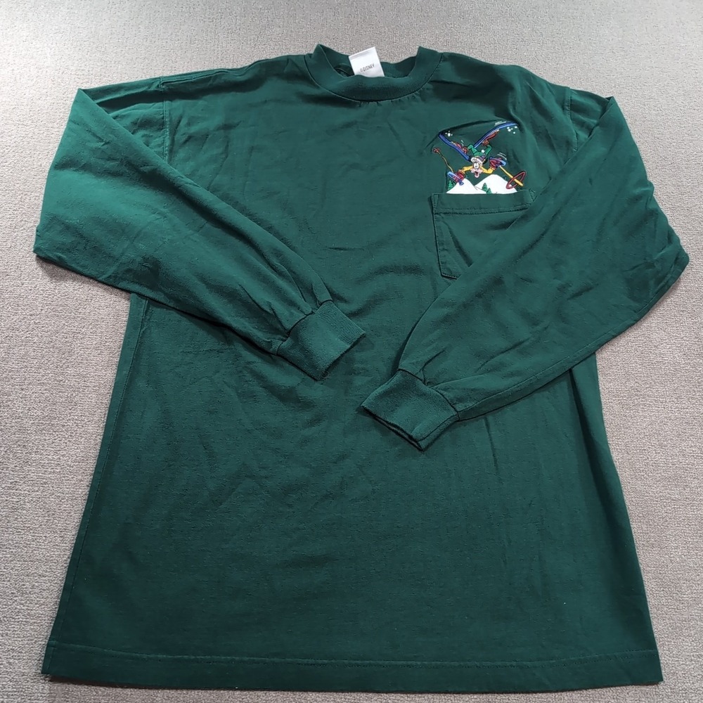 VTG The Disney Store Shirt Mens Large Long Sleeve Pocket Tee Goofy‎ Skiing Green